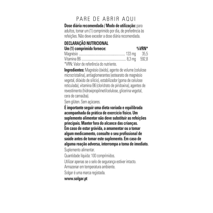 Solgar - Magnesio con Vitamina B6 - 100 comprimidos
