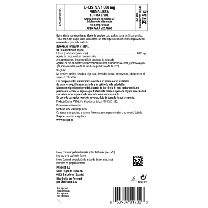 Solgar - L-lisina 1000 mg - 250 comprimidos