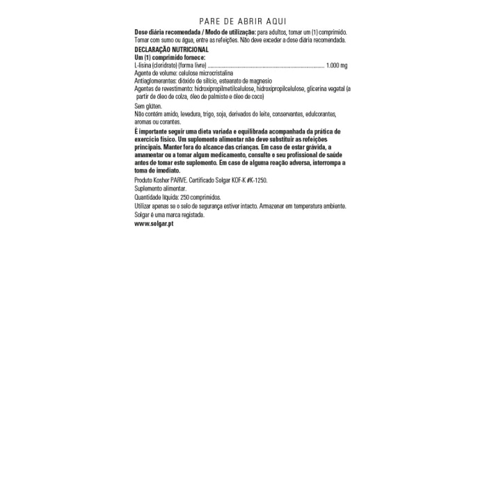 Solgar - L-lisina 1000 mg - 250 comprimidos