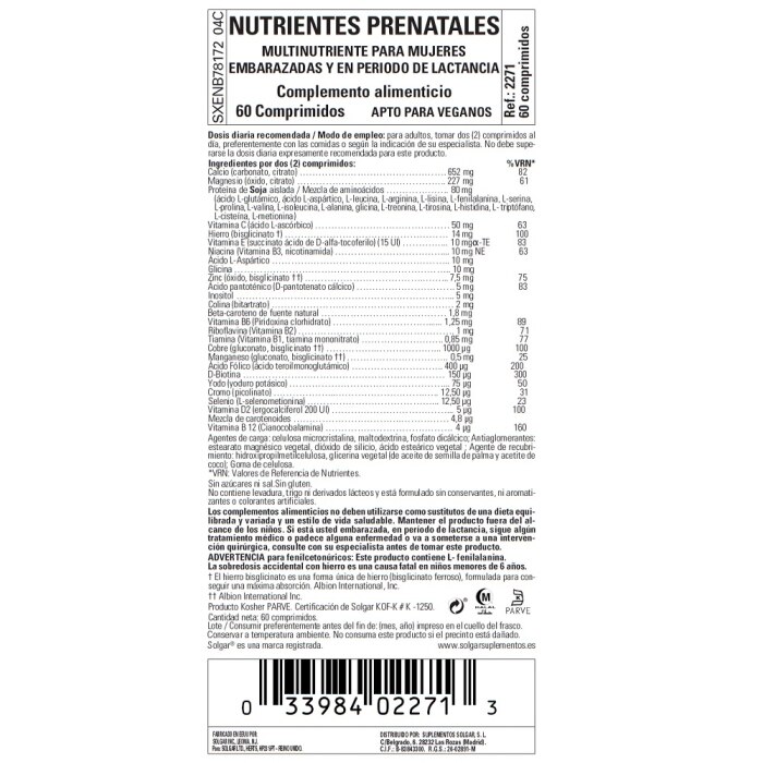 Etiqueta Solgar® Nutrientes Prenatales - 60 comprimidos