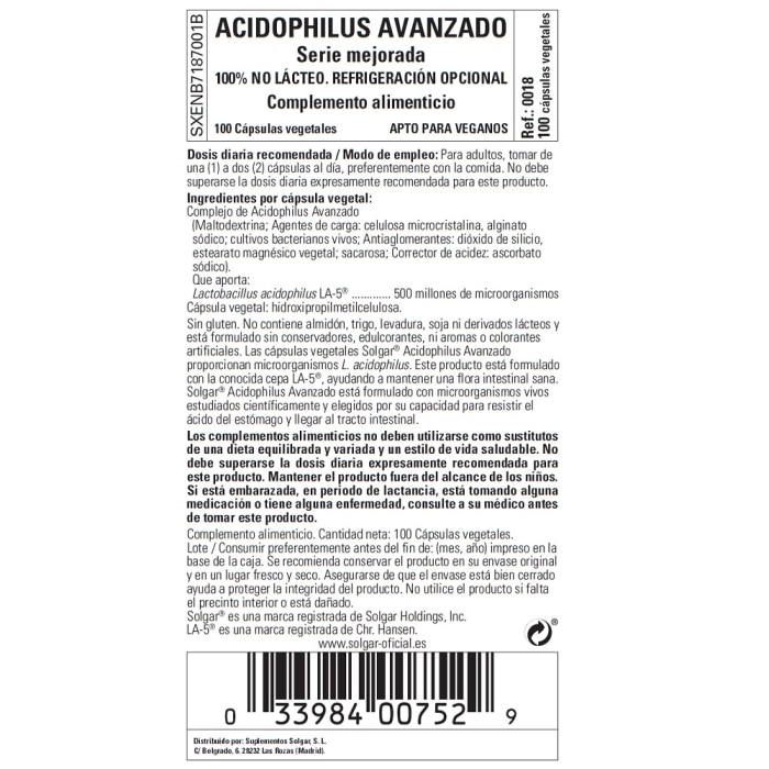 Solgar - Advanced acidophilus - 100 cápsulas vegetales