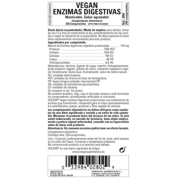 Solgar - Vegan Enzimas Digestivas - 250 comprimidos