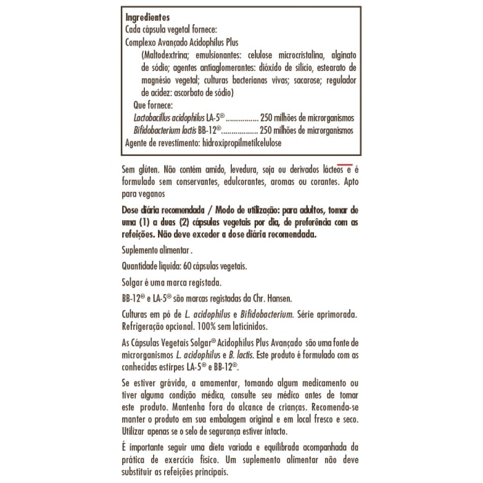Solgar - Acidophilus Plus Avanzado - 60 cápsulas vegetales