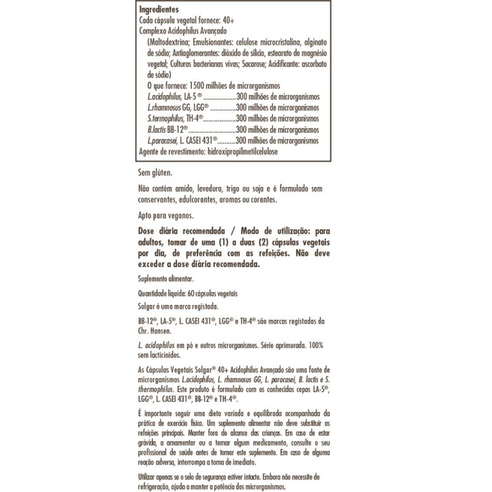 Solgar - Advanced 40+ Acidophilus - 60 Cápsulas
