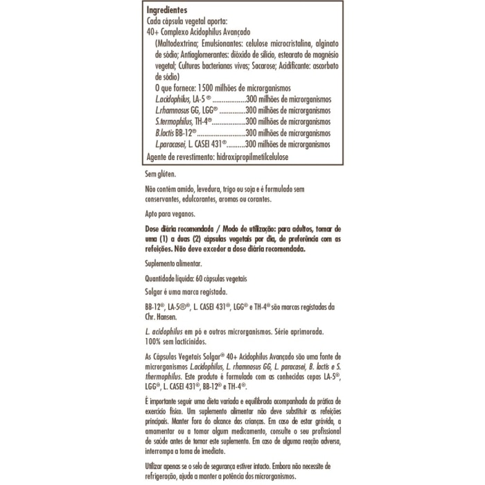 Solgar - Advanced 40+ Acidophilus - 120 Cápsulas