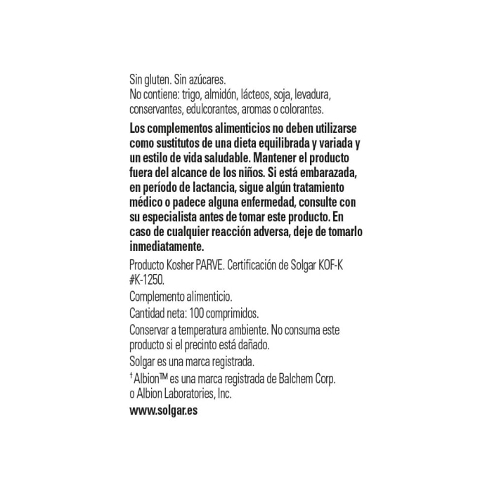 Solgar - Zinc quelado - 100 comprimidos