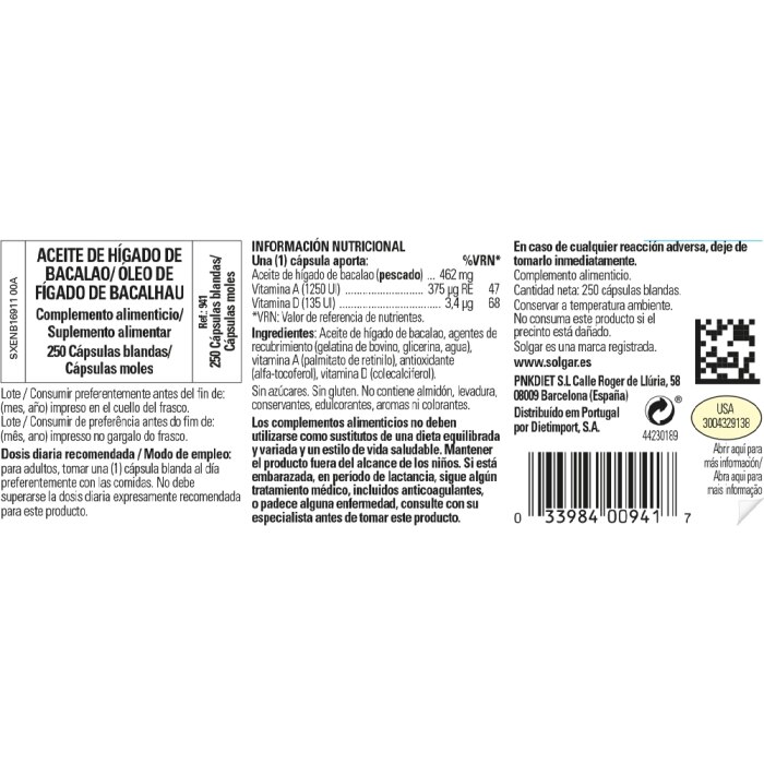 Solgar - Aceite de Hígado de Bacalao - 250 cápsulas blandas
