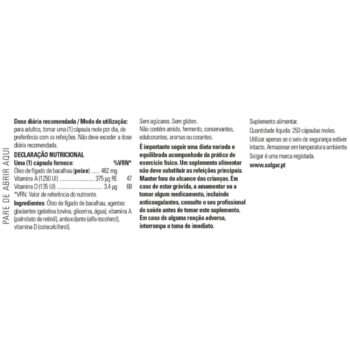 Solgar - Aceite de Hígado de Bacalao - 250 cápsulas blandas