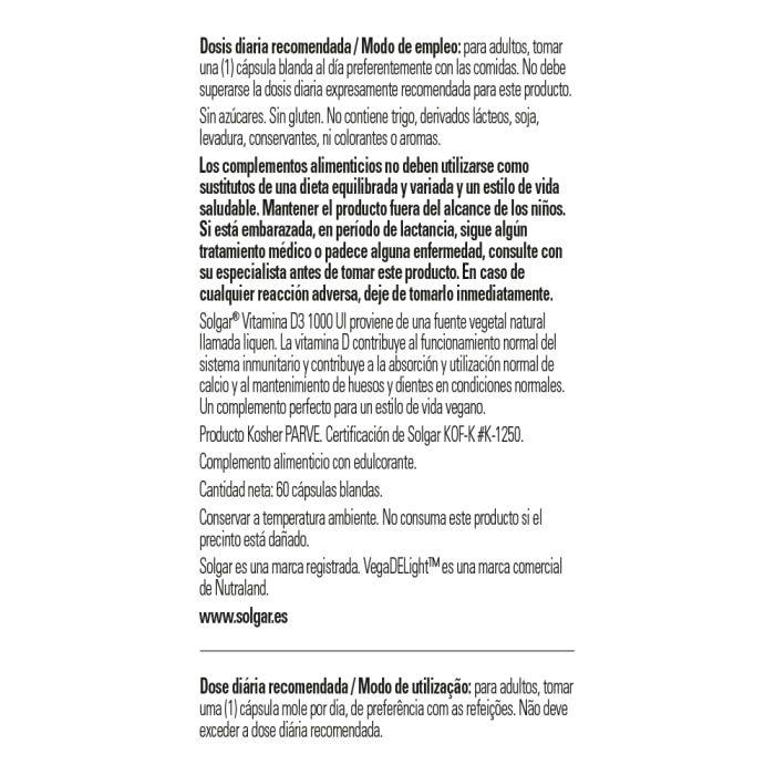 Solgar - Vitamina D3 vegana 1000 UI - 60 cápsulas blandas