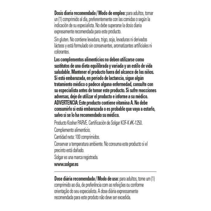 Solgar - Vitamina A seca 5000 UI - 100 comprimidos