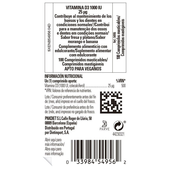 Solgar - Vitamina D3 1000 IU 25 μg - 100 comprimidos masticables