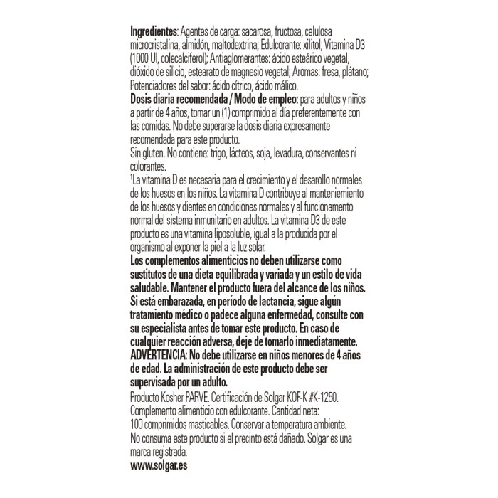 Solgar - Vitamina D3 1000 IU 25 μg - 100 comprimidos masticables