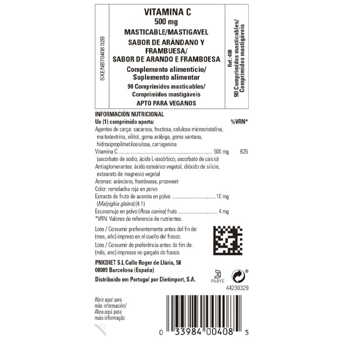 Solgar - Vitamina C 500 mg masticable sabor arándano y frambuesa - 90 comprimidos masticables