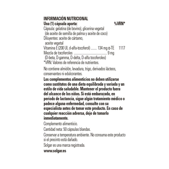 Solgar - Vitamina E 200 UI - 50 cápsulas blandas