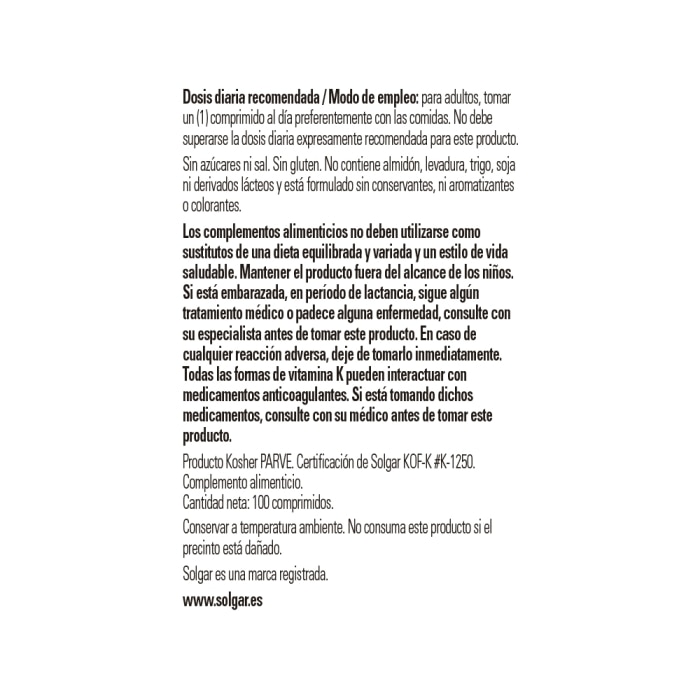 Solgar - Vitamina K1 (fitomenadiona) 100 μg - 100 comprimidos