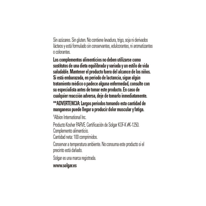 Solgar - Manganeso quelado - 100 comprimidos