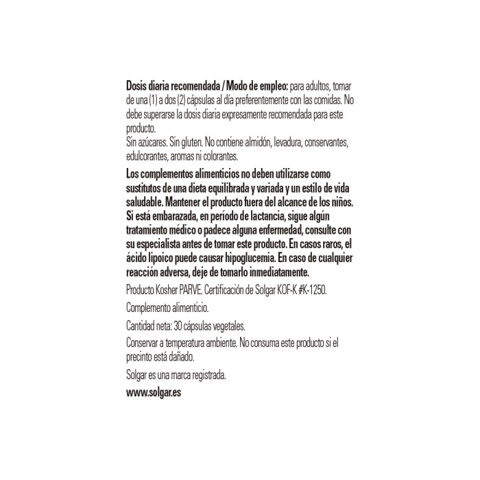 Solgar - Ácido Alfa-Lipoico 120 mg - 30 cápsulas vegetales
