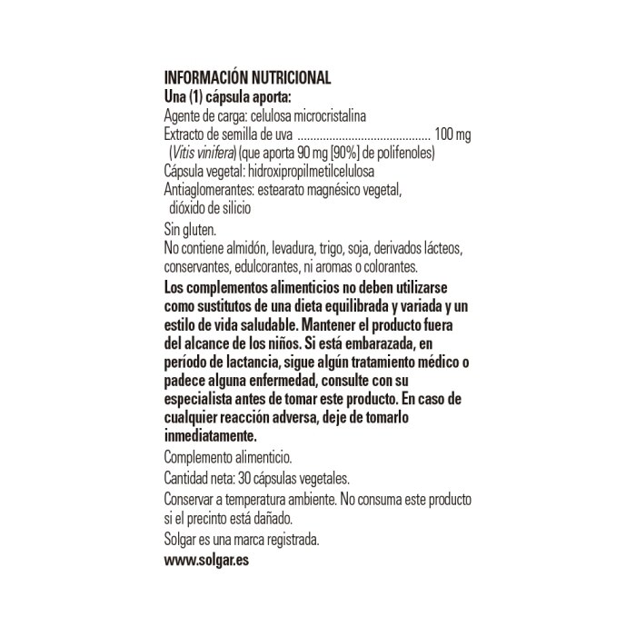 Solgar - Extracto de semilla de uva 100 mg - 30 cápsulas vegetales
