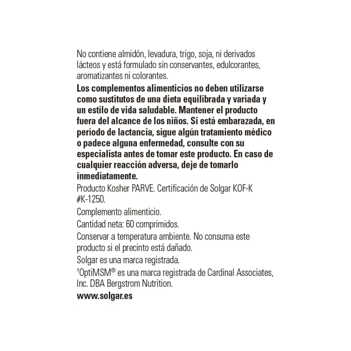 Solgar - MSM (Metilsulfonilmetano) 1000 mg - 60 comprimidos