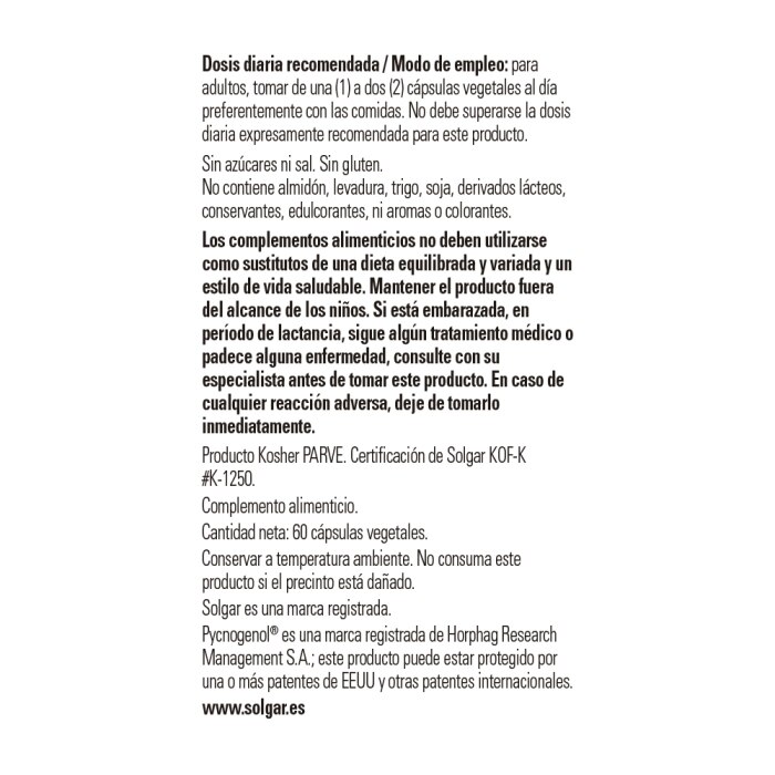 Solgar - Pycnogenol® Extracto de Corteza de Pino 30mg - 60 cápsulas vegetales