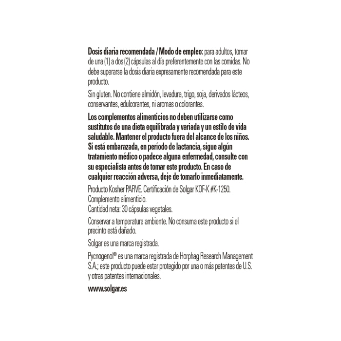 Solgar - Pycnogenol® Extracto de Corteza de Pino 100 mg - 30 cápsulas vegetales