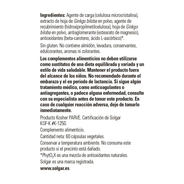 Solgar - Ginkgo biloba extracto de hoja - 60 cápsulas vegetales