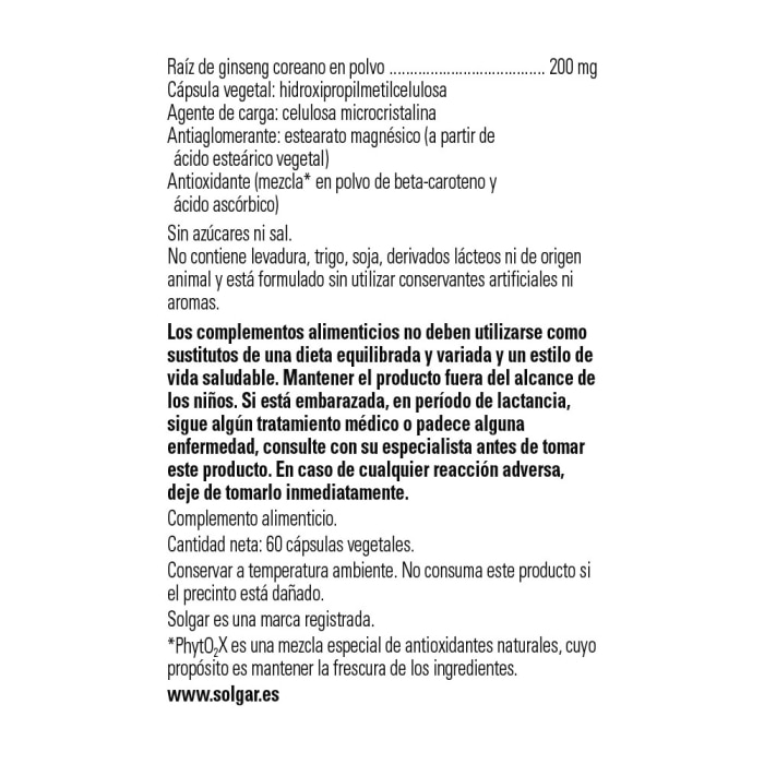 Solgar - Ginseng coreano extracto de raíz - 60 cápsulas vegetales