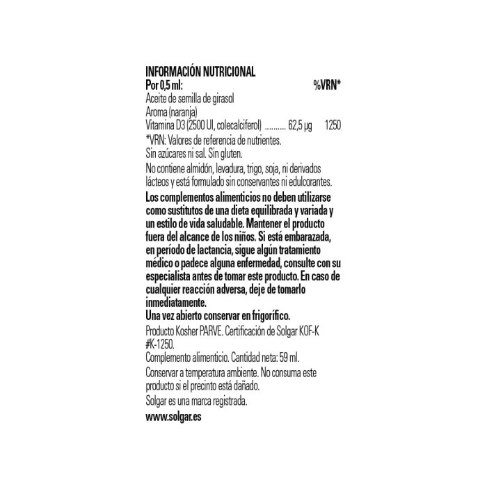 Solgar - Vitamina D3 líquida 2500 UI - 59 ml