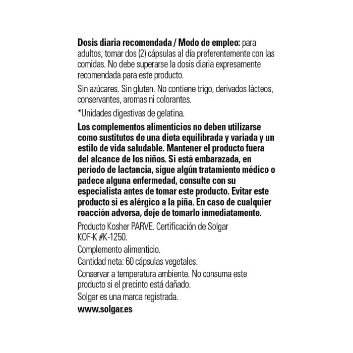 Solgar - Bromelina 300 mg - 60 cápsulas vegetales