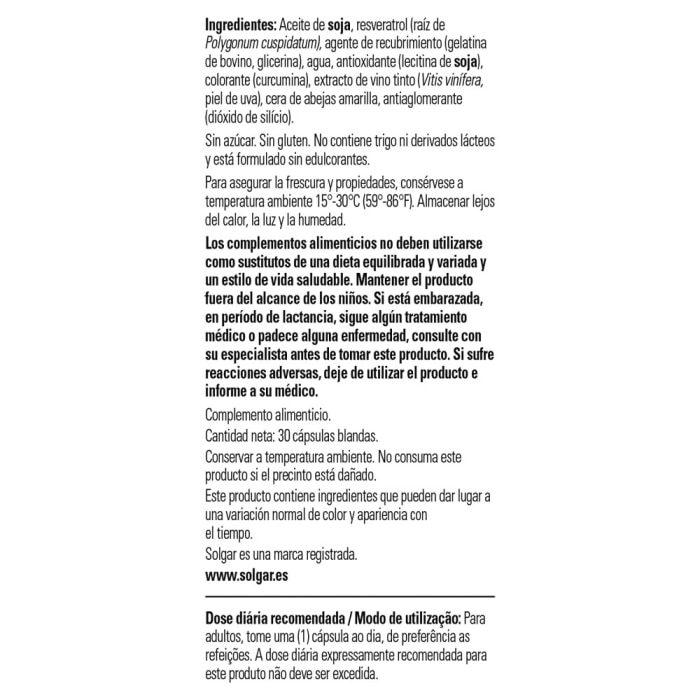 Solgar - Resveratrol 250 mg - 30 cápsulas blandas