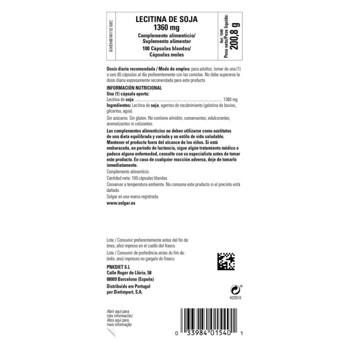 Solgar - Lecitina de Soja 1360 mg - 100 cápsulas blandas