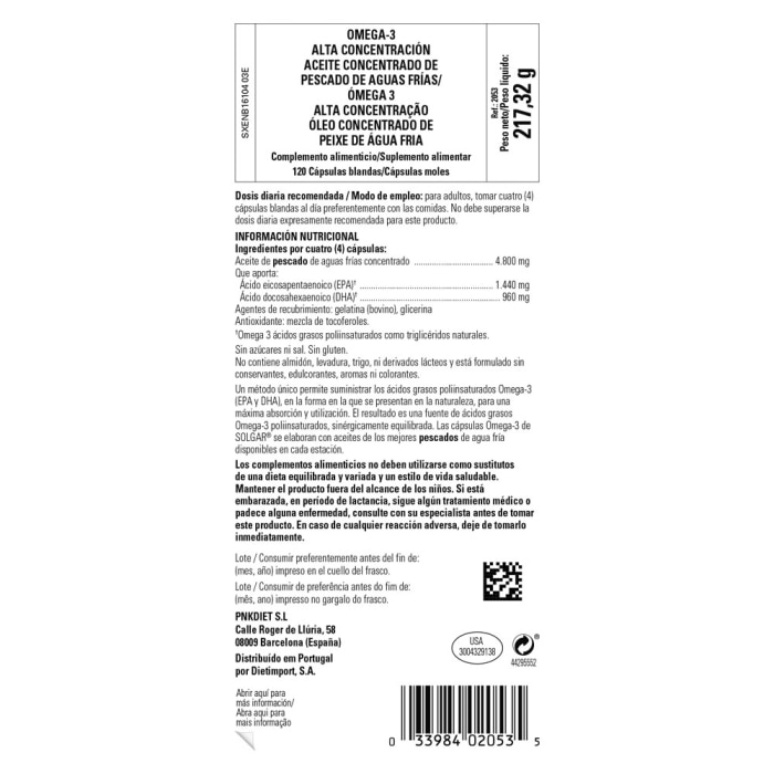 Solgar - Omega-3 alta concentración - 120 cápsulas blandas
