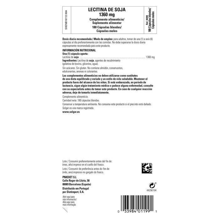 Solgar - Lecitina de Soja 1360 mg - 180 cápsulas blandas