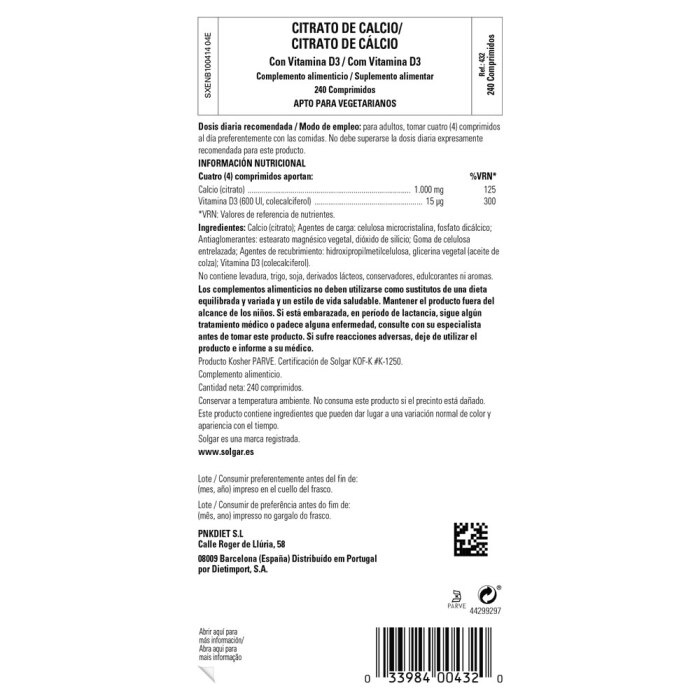 Solgar - Citrato de Calcio con Vitamina D3 - 240 comprimidos
