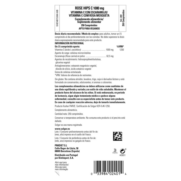 Solgar - Rose Hips - Vitamina C 1000mg con Escaramujo - 250 comprimidos