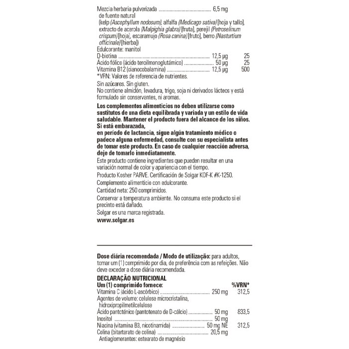 Solgar - Vitamina B-complex con Vitamina C - 250 comprimidos