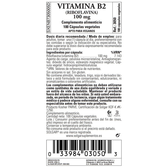 Etiqueta Solgar® Vitamina B2 100 mg - 100 cápsulas vegetales