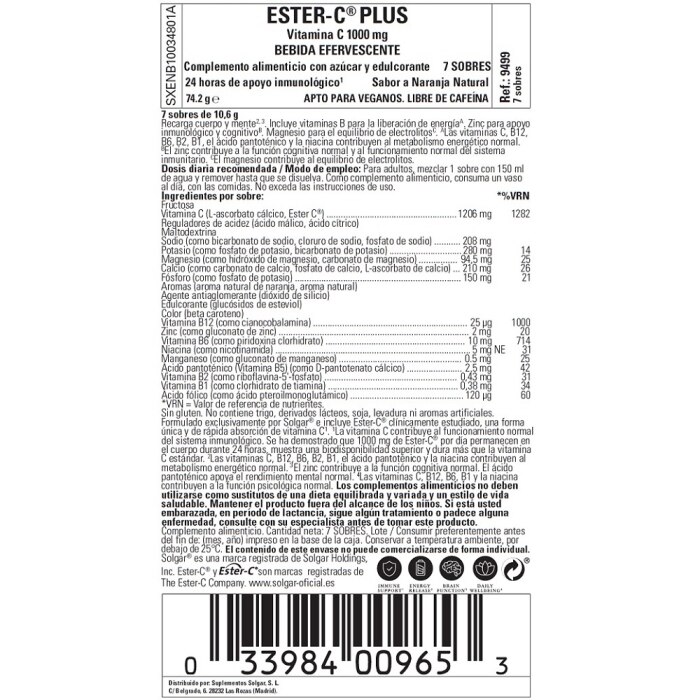 Solgar - Ester-C® Plus Vitamina C Efervescente 1000 mg - 7 sobres