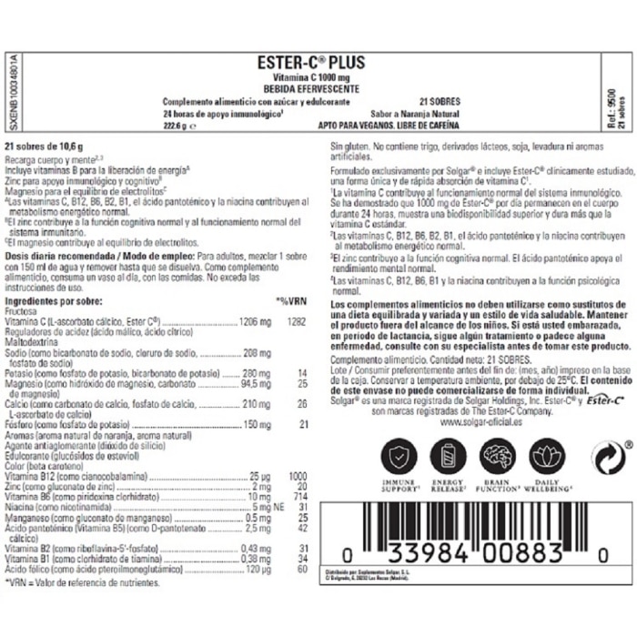 Solgar - Ester-C® Plus Vitamina C Efervescente 1000 mg - 21 sobres