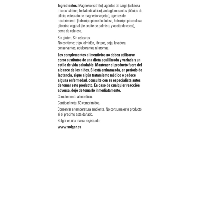Solgar - Citrato de magnesio  - 120 comprimidos