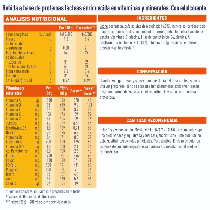 Meritene® Fuerza y Vitalidad Batido Café Descafeinado - 15 sobres de 30g